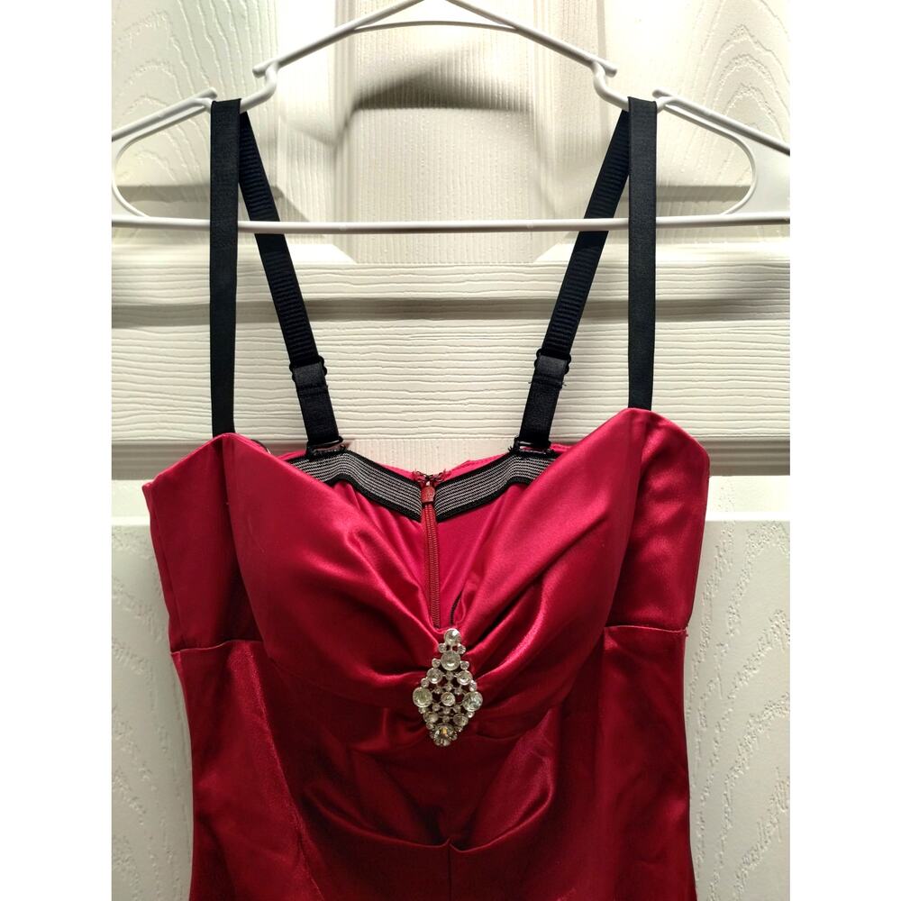 Camille La Vie Size 2 Red Ruched Satin Sweetheart Mermaid Dress Prom Gown - Picture 3 of 8